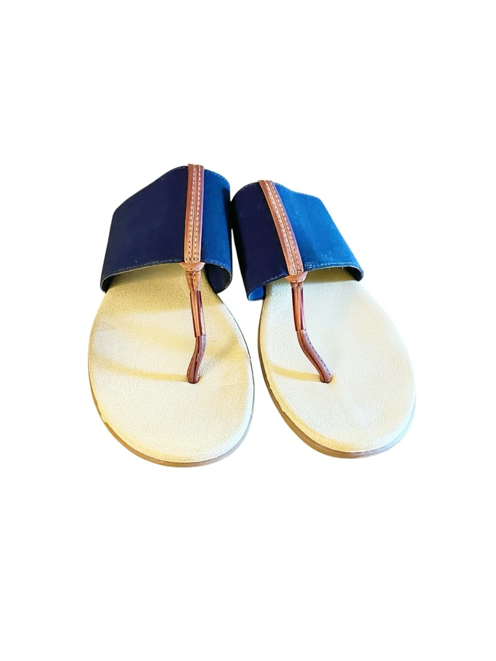 Navy Slip-On Thong Sandals w/brown leather straps and tan soles. Very comfy! 10. - Picture 2 of 4